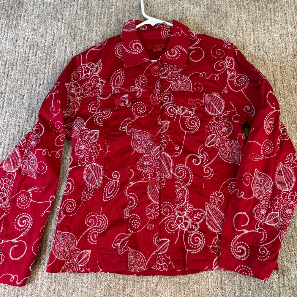 Joni B Womens Red Floral Embroidered Button Front Jacket Size L Cotton Blend